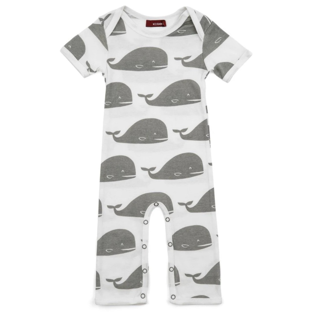 MILKBARN • White/Grey Whale Print Short Sleeve Romper, 3-6M